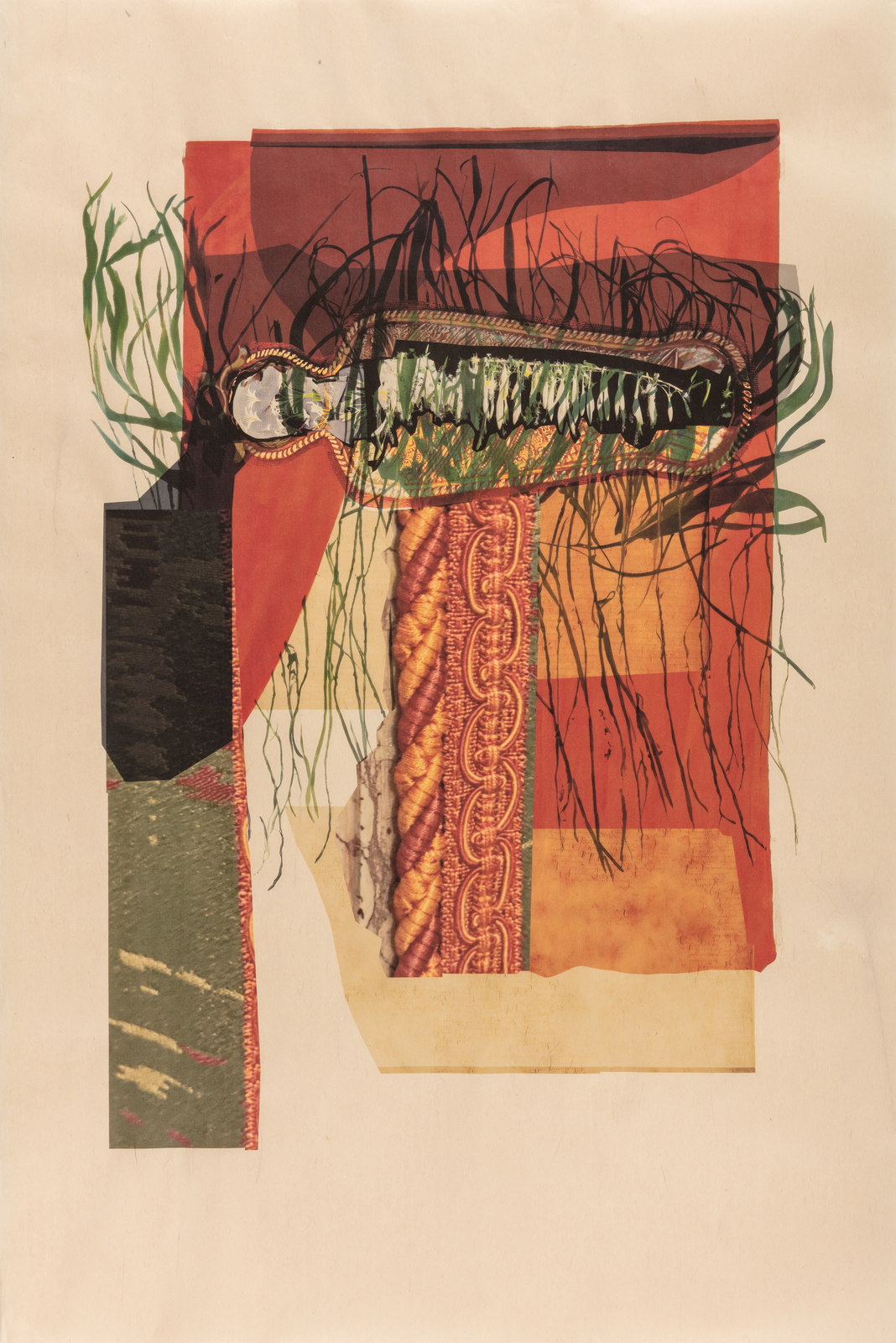 Figure-like composition with vegetation, roots, and an ornamental band