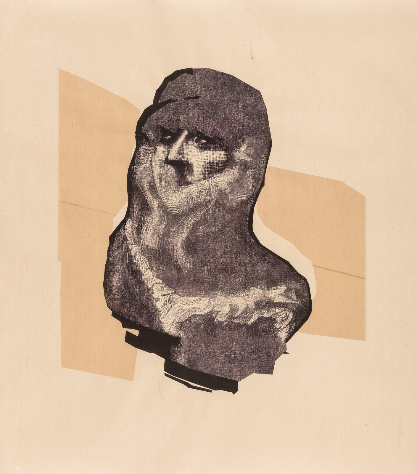 Dark fragmented bust on a pale geometric ground