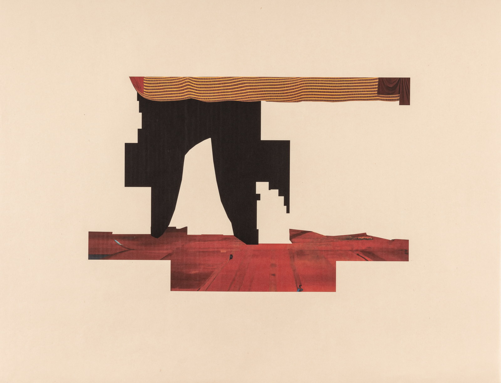 Sparse black architectural scenography crossed by red bands