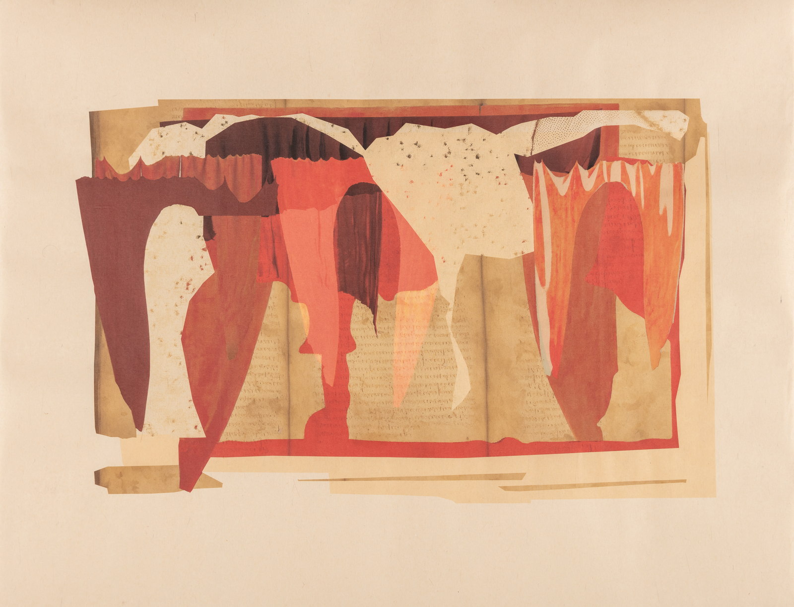 Pale manuscript-like field with red drapery and arches
